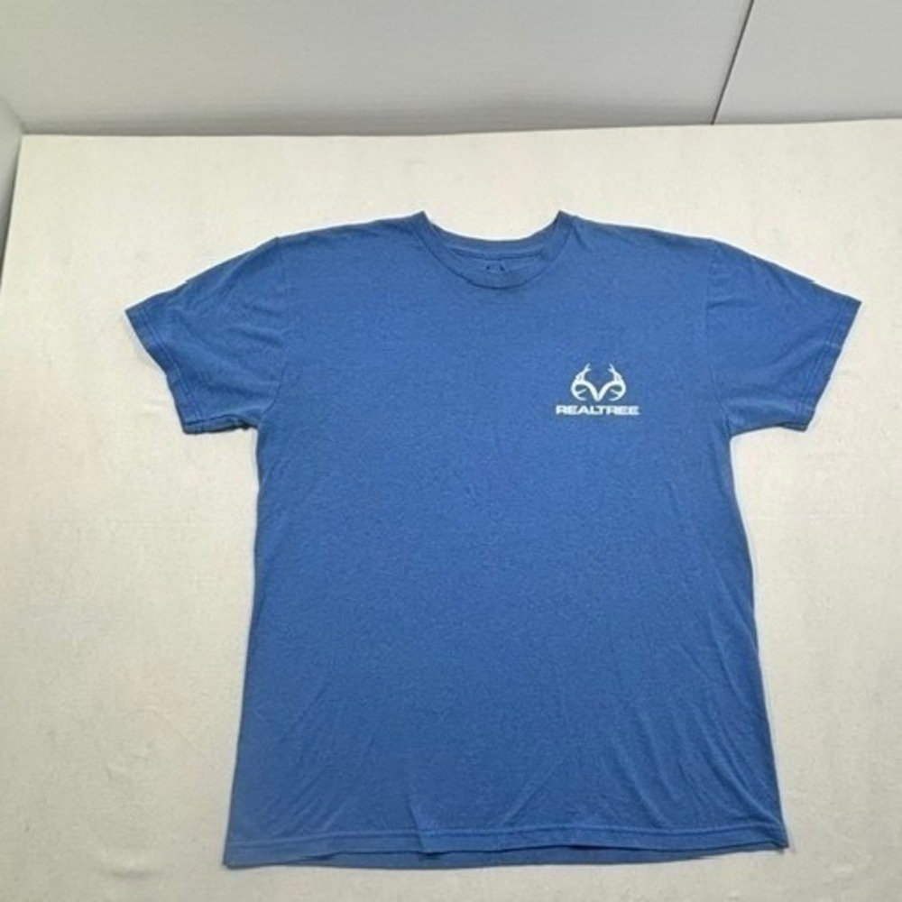 Realtree Mens Blue Graphic T-Shirt American Flag Antler Logo Size M Short Sleeve